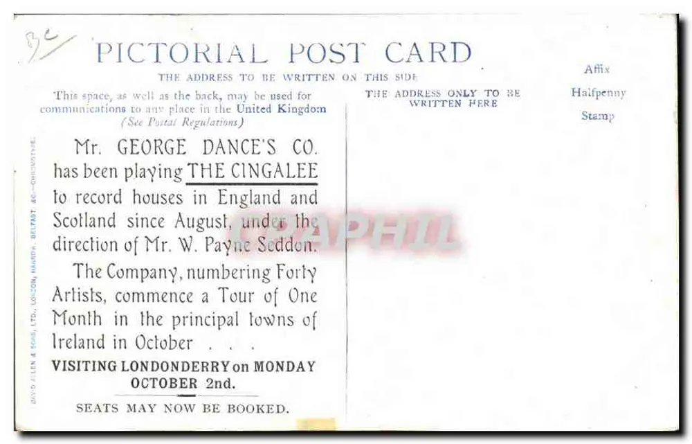 La Cingalee — espetáculo do Sr. George Dance's Co — editor Allen & Sons, Belfast - Verso
