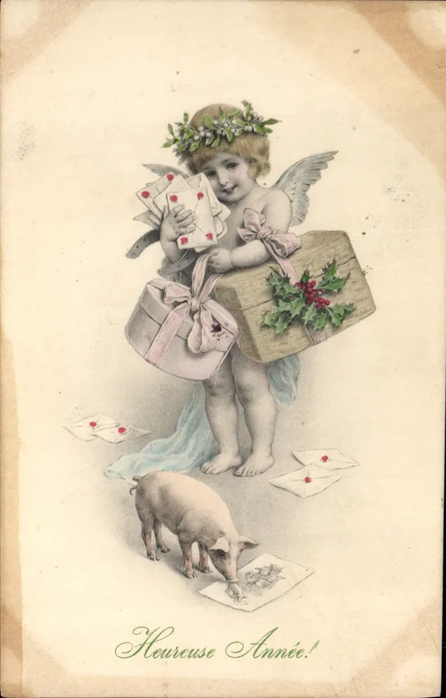 Briefmarken-Sammler — Engel mit Geschenken und Schwein — Verlag M. M. Munk, Nr. 8 - Vorderseite