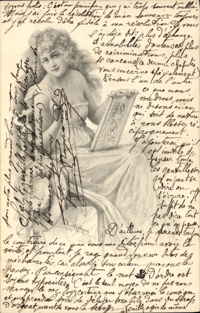 Junge Frau, sitzend mit Buch — Illustration — Verleger R. Willihera - Vorderseite