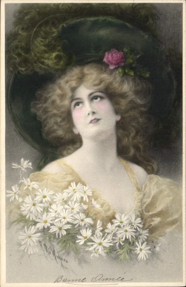 Frau mit Hut, verziert mit einer Rose — R. R. Michero — M. M. Munk, N° 633 - Vorderseite