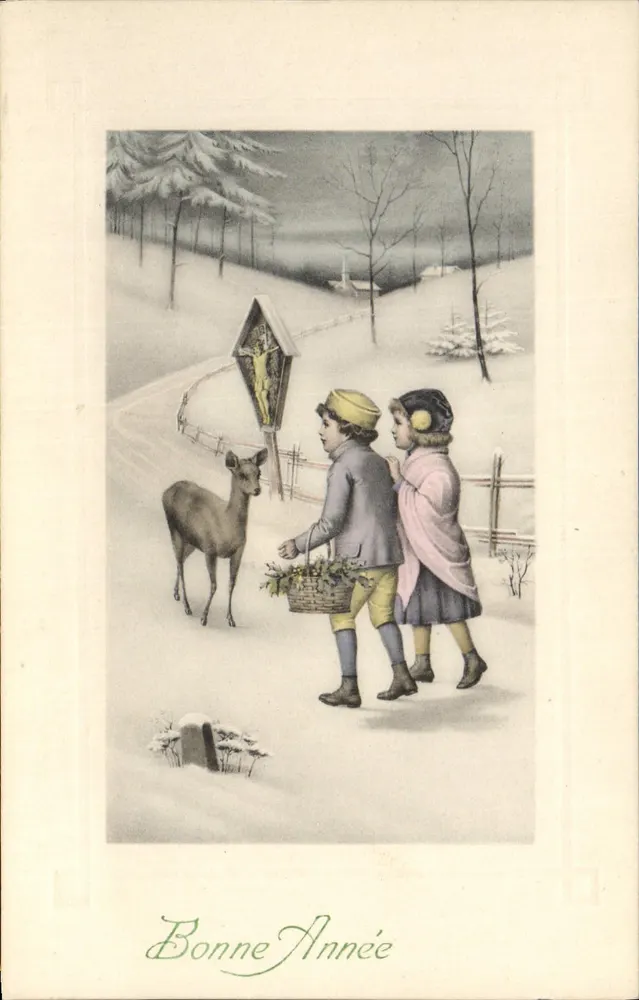 Kinder und Hirsch — WeihnachtsSzene — PTL Art & Jahr Nr. 141 - Vorderseite