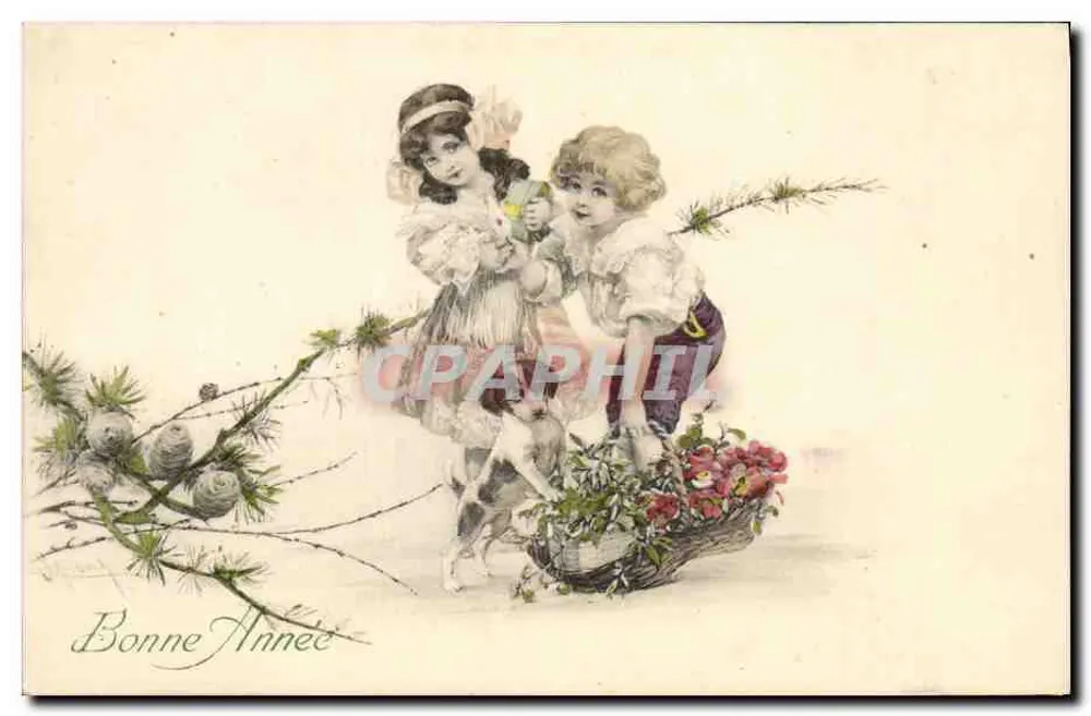 Zwei Kinder mit einem Blumenkorb — Karte zum Gruß — P.T.L. Collection, n° 120 - Vorderseite