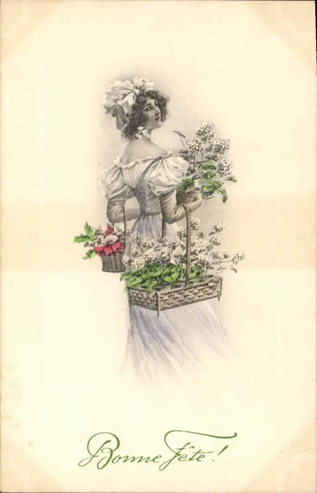 Frau mit Blumenkörben — Frohe Geburtstagsgrüße! — M. M. Vienne, Nr. 276 - Vorderseite