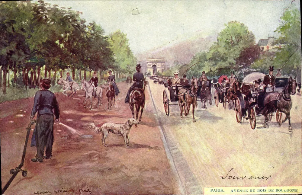 Paris, Avenue du Bois de Boulogne — lebendige Ansicht mit dem Arc de Triomphe im Hintergrund — Zeichnung von Georges Stein, Paris - Vorderseite