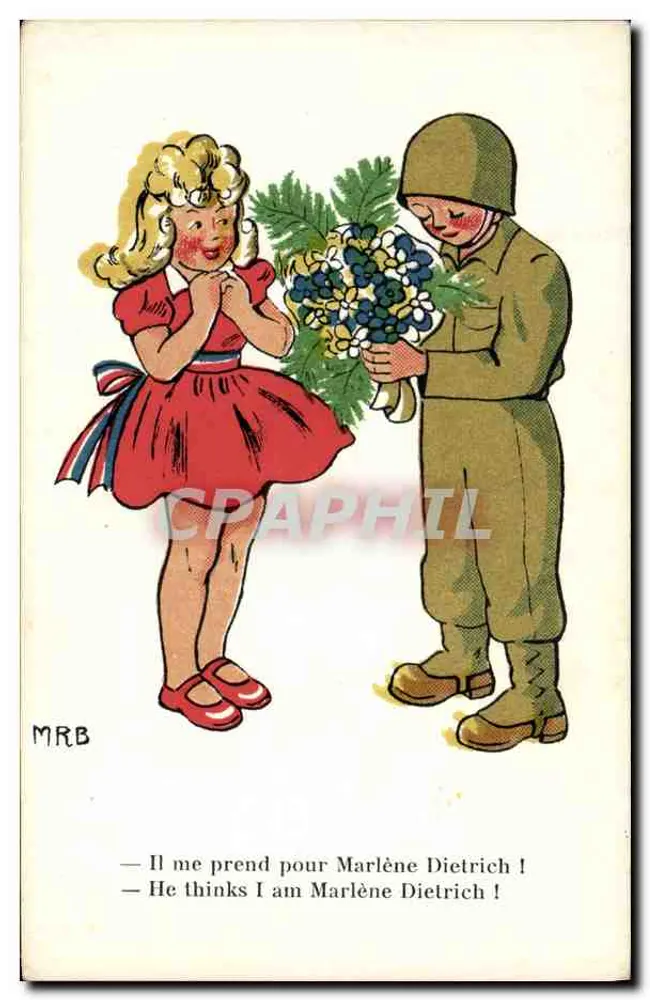 Kind im roten Kleid, das ein Blumenbouquet einem Soldaten überreicht — MRB — Verlag Nord-Ouest France, Nr. 44-102 - Vorderseite