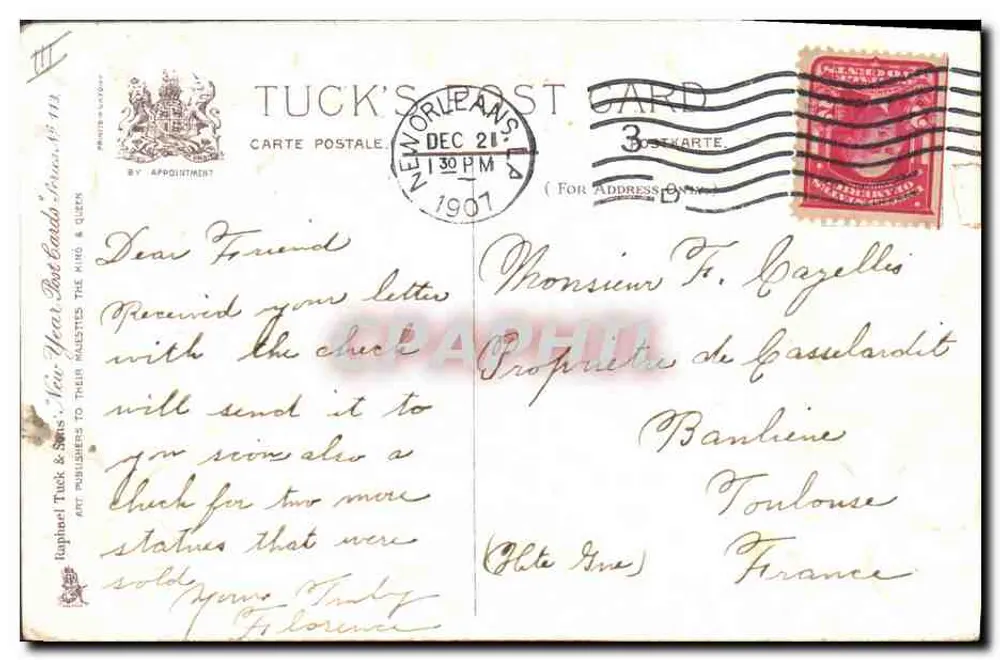 1908 — Ano novo — Tuck's Post Card, N° 113 - Verso