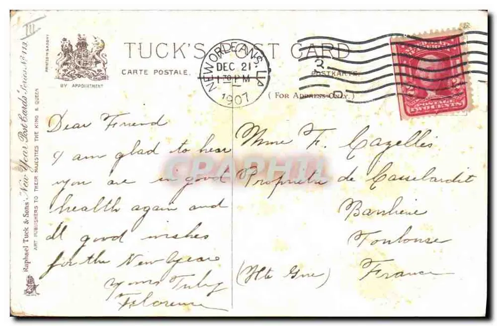 Cartão de boas-vindas para o ano de 1908 — Tuck's Post Card — editor Raphael Tuck & Sons - Verso