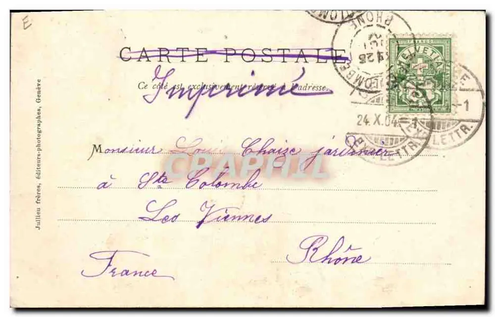 Vendanges em Genebra — J.J. 3036 — edição Jullien frères, Genebra - Verso