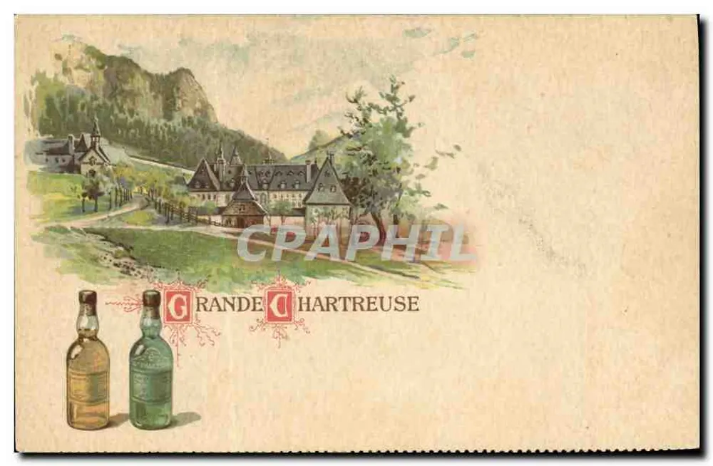 Grande Chartreuse — abadia e garrafas — editor: Grande Chartreuse - Frente
