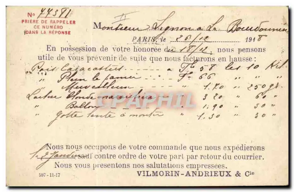 Paris — Facturation de produits agricoles — Vilmorin-Andrieux & Cie, n° 44371 - Frente