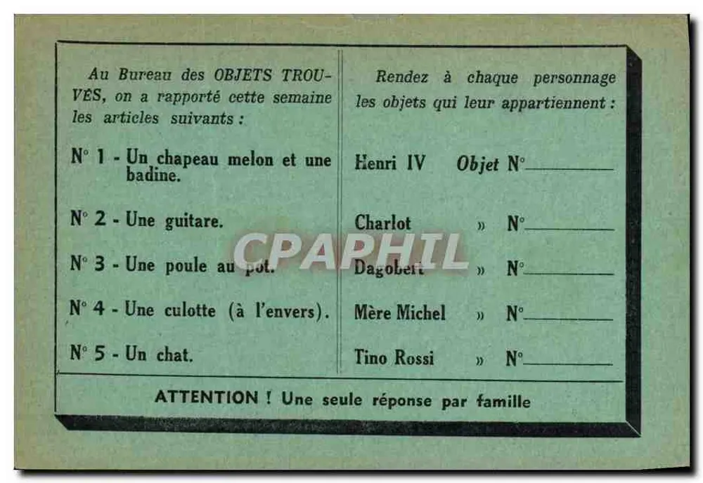 Verlust- und Fundbüro — Paarungs-Spiel — Gründung 1937, Nizza - Vorderseite