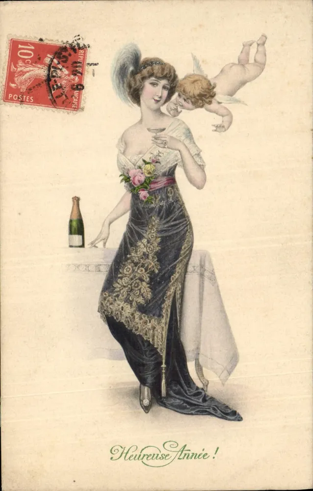 Frau in dunktem Kleid mit Cupido — 'Glückliches Neues Jahr!' — M.M. Vienne, n°707 - Vorderseite