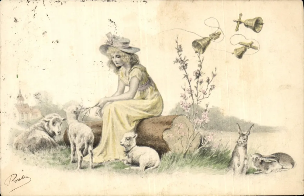 Mädchen mit Schafen und Hasen — pastorale Szene — Roselie - Vorderseite