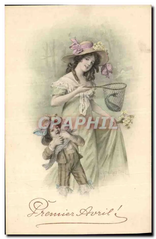Frau und Kind mit Korb — Aprilscherz — M. M. VIENNE, N° 379 - Vorderseite