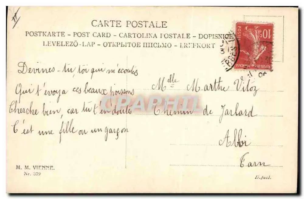 Frau und Kind mit Korb — Aprilscherz — M. M. VIENNE, N° 379 - Rückseite