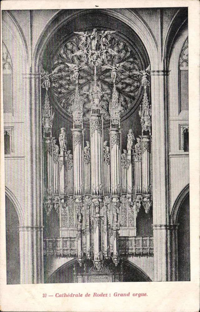 Cathédrale de Rodez : Grand orgue — vue intérieure avec rosace et sculptures — éditeur E. Carrère, n° 37 - Frente