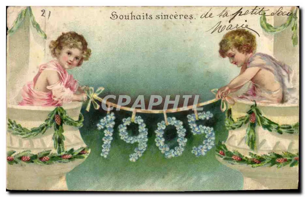 Zwei Kinder dekorieren eine blumige Fahne — 1905 — unbekannter Verleger, Seriennummer 21 - Vorderseite