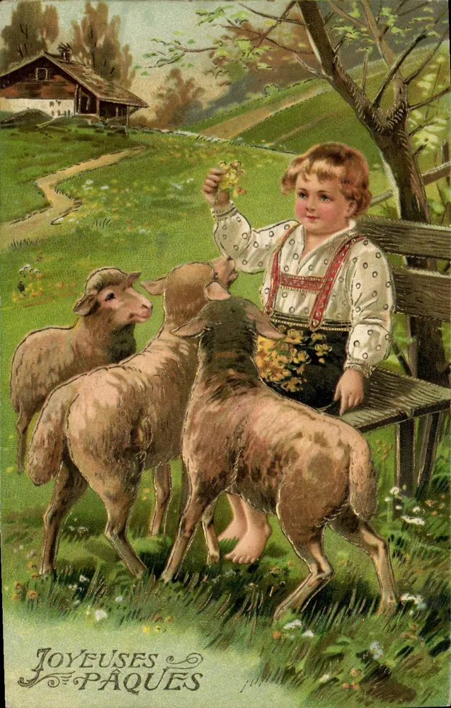 Kind, die Schafe füttert — Frohe Ostern — Universal-Karte - Vorderseite
