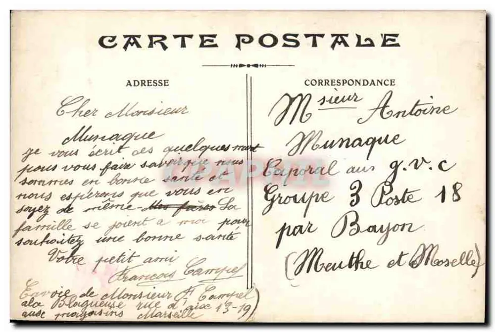 Porträt eines jungen Mannes — personalisierte Karteikarte — François Campel - Rückseite