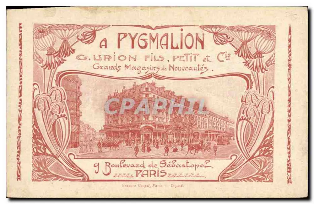 Pygmalion — Szene aus Akt II — G. Urion Fils, Petit & Cie, Grands Magasins de Nouveautés, 9 Boulevard de Sébastopol, Paris - Vorderseite