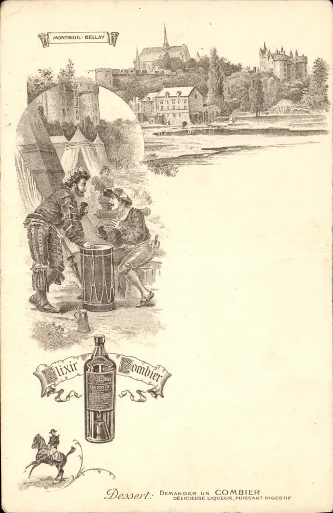 Montreuil-Bellay — vista do castelo e do rio — propaganda para o Elixir Combier - Frente