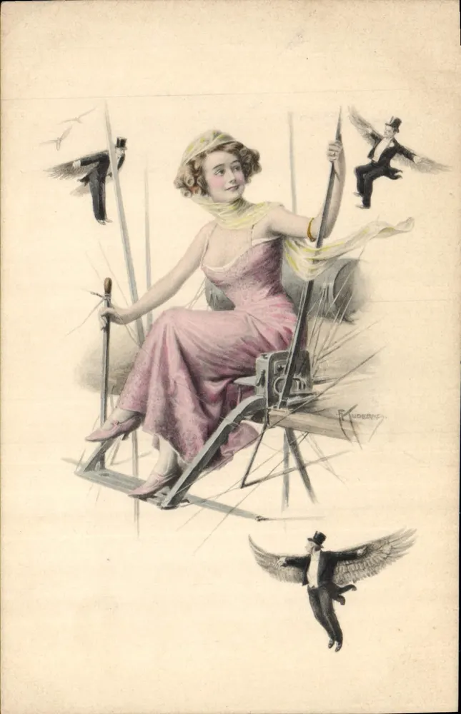 Junge Frau in einem Flugzeug — mit flügelbewehrten Männern — Zeichnung von R. Ruderny — M. M. Wien, Nr. 606 - Vorderseite