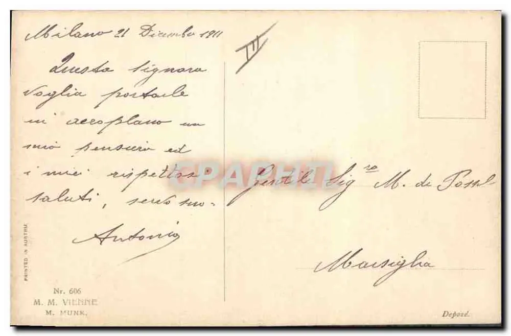 Junge Frau in einem Flugzeug — mit flügelbewehrten Männern — Zeichnung von R. Ruderny — M. M. Wien, Nr. 606 - Rückseite