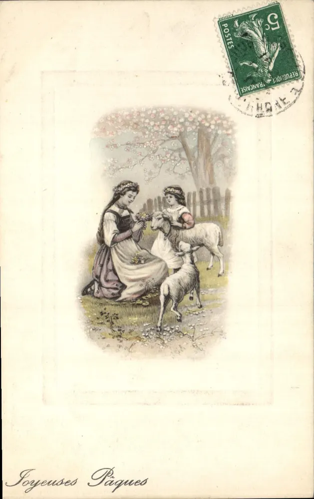 Zwei junge Mädchen mit Schafen — Frohe Ostern — P.U. Ausgabe Nr. 2131 - Vorderseite