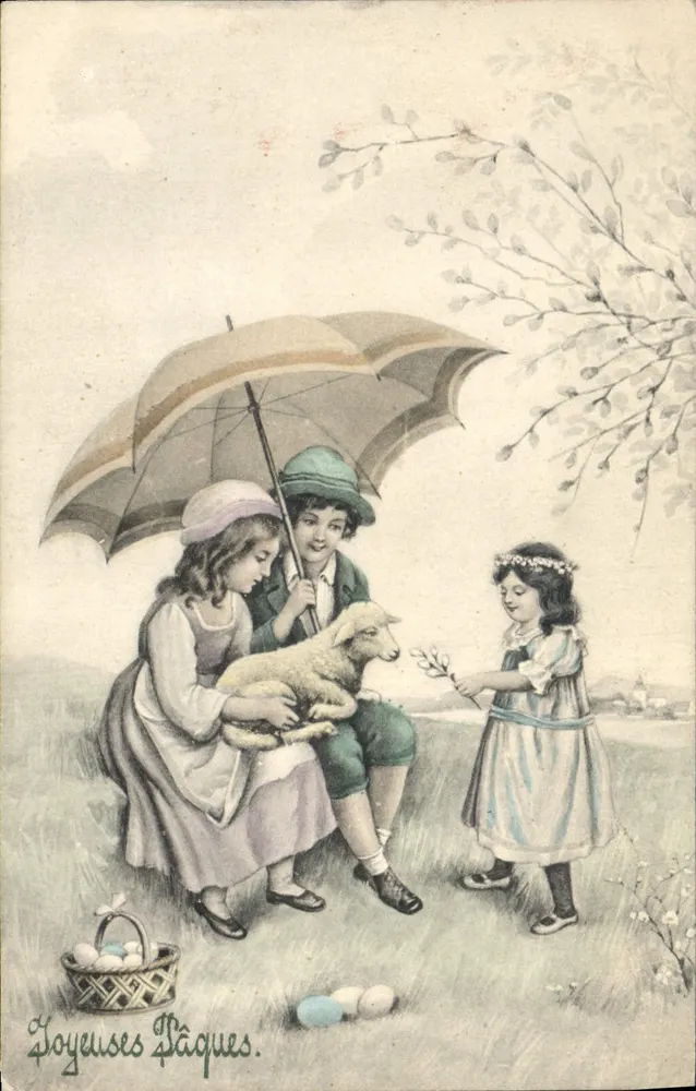 Kinder mit Schaf und Ostereiern — V. K., Wien — Verleger V. K. Nr. 4056 - Vorderseite