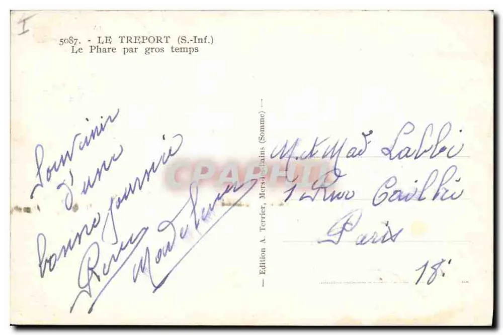 Le Tréport (S.-Inf.) — A Torre de Sinalização em Tempo de Tempestade — Edição A. Terrier, Mers-les-Bains (Somme) - Verso