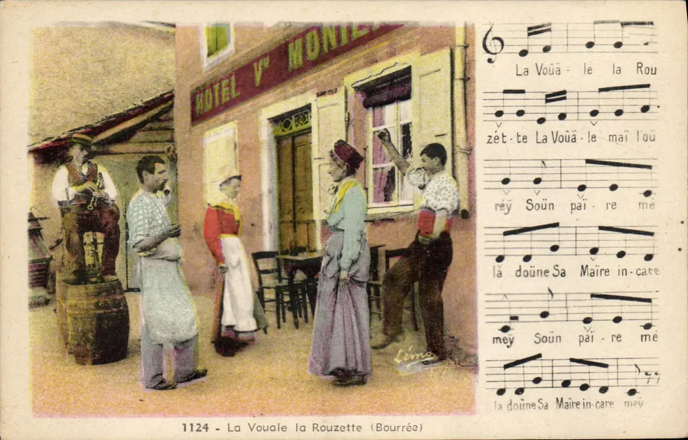 La Vouale la Rouzette (Bourrée) — cena de rua diante do Hotel V° Montel — editor Léon Margerit - Frente