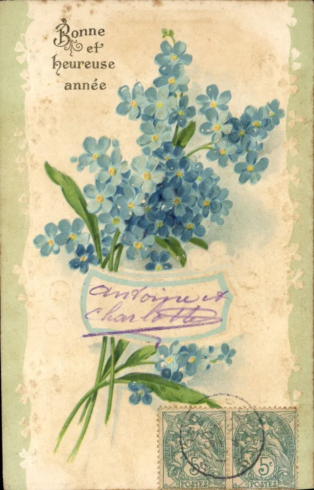 Arranjo de myosotis — Boa e feliz ano — editor desconhecido, número de série não visível - Frente