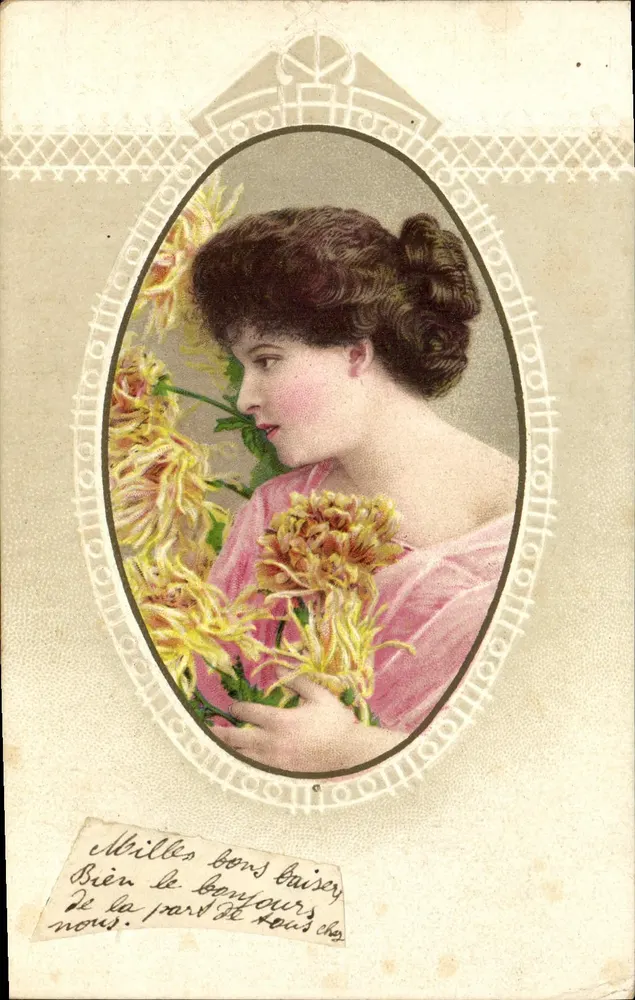 Frau in einem rosa Kleid unter Blumen — Verlag Imp. Vanis, Nr. 1551 - Vorderseite