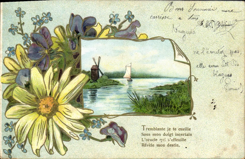 Vista de paisagem com moinho de vento e vela — editor não identificado, número de série não visível - Frente