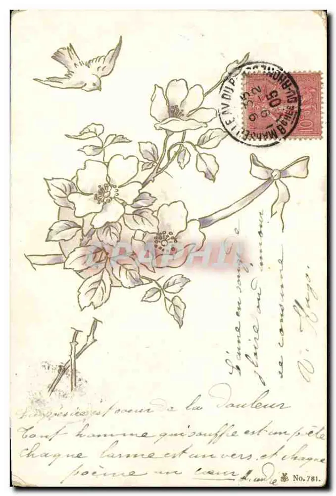 Flores e pássaro — carta postal ilustrada — editor não identificado, n°781 - Frente
