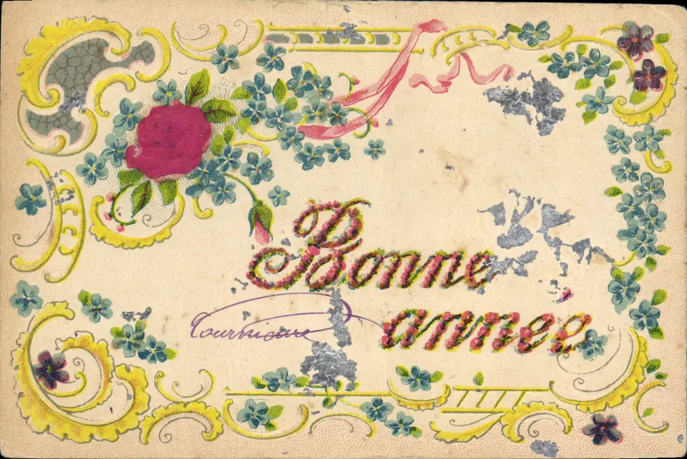 Bom ano — decoração floral — editor K. F. Editeurs Paris, série 0198 bis - Frente