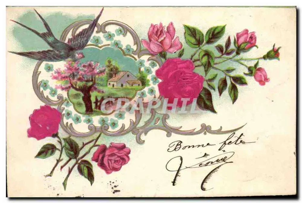 Blumen und Vogel — ländliche Szene — Verlag nicht sichtbar - Vorderseite