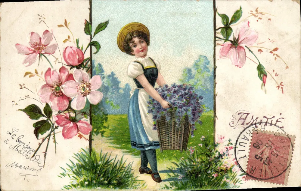 Mädchen mit Blumenkorb — farbiges Bild — Verlag Élise Moystre, Lanopargues (Hérault) - Vorderseite