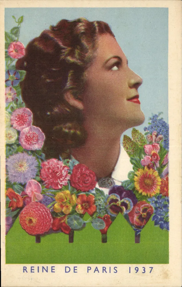Rainha de Paris 1937 — retrato feminino cercado de flores — editor não visível - Frente