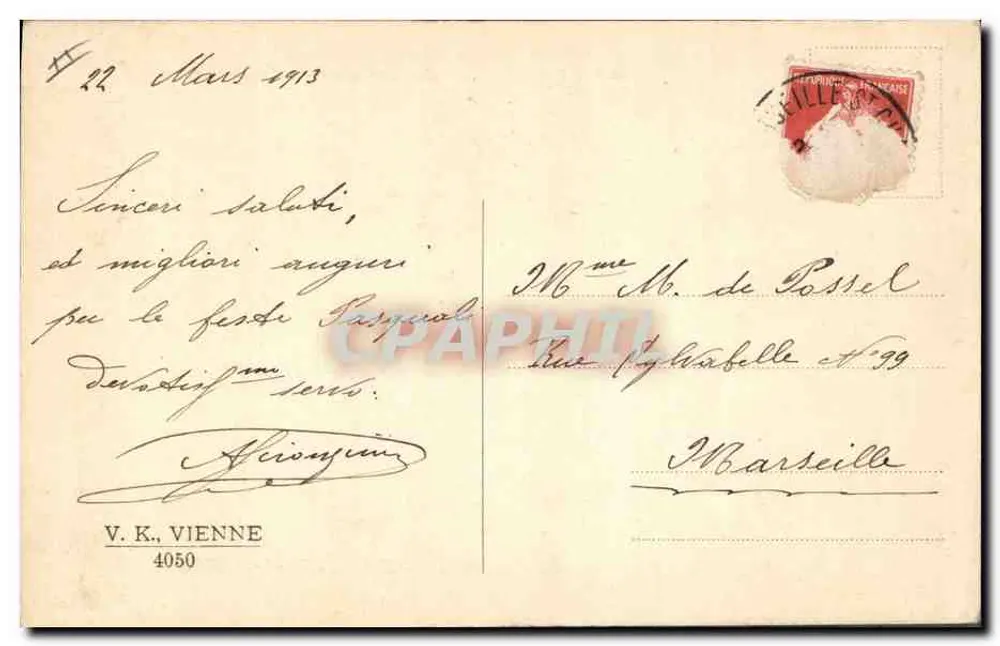 Frau und Kind in einem Frühlingsschloss — 'Loyeuses Pâques' — V. K., Wien 4050 - Rückseite