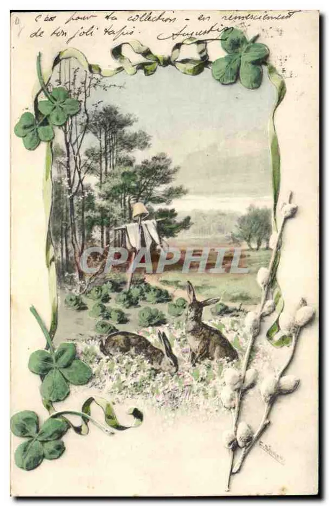 Dois coelhos em um jardim — moldura de trevo e galhos de salgueiro — editor E. Béguin - Frente