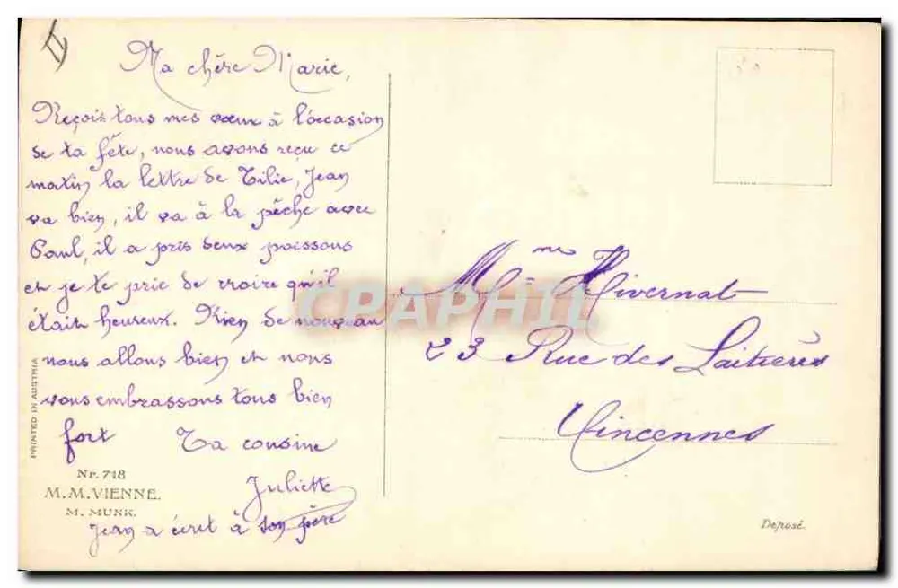 Junge Frau mit Rosen — Gravur — M.M. MUNK, Nr. 718 - Rückseite