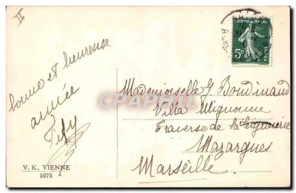 Junge Frau mit Eberesche — Frohe Neujahr — Verlag V.K., Wien, Nr. 5073 - Rückseite