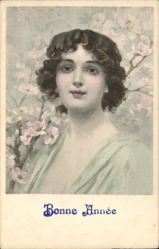 Junge Frau unter Kirschblüten — Frohe Neujahr — M. M. VIENNE, N° 271 - Vorderseite