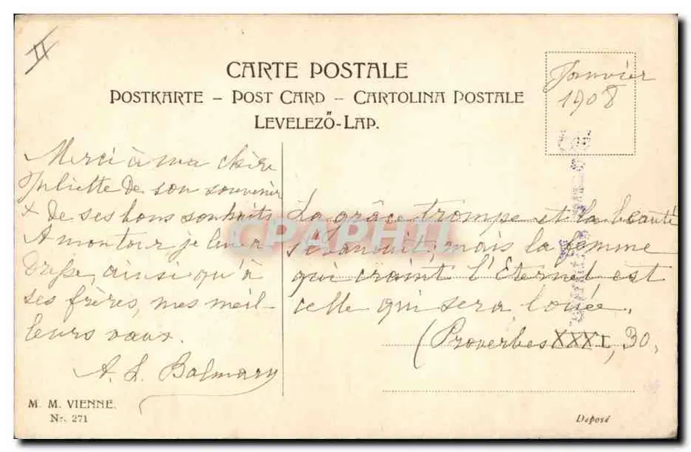 Junge Frau unter Kirschblüten — Frohe Neujahr — M. M. VIENNE, N° 271 - Rückseite