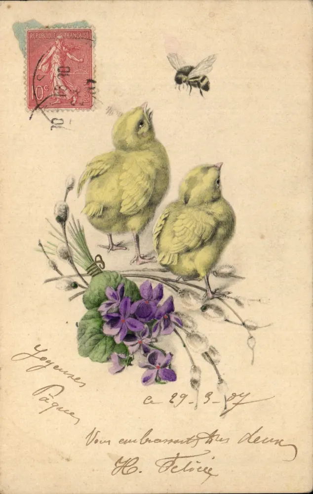 Dois pintos e uma abelha — flores de violeta e botões — M. M. VIENNE, Nr. 301 - Frente