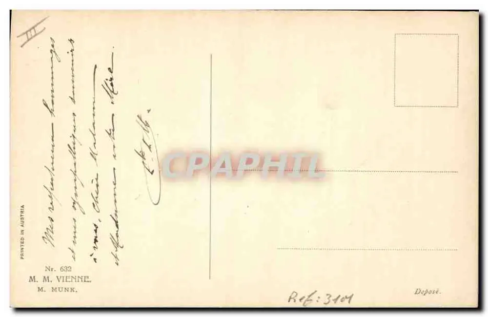 Junge Frau in einem Röckchen mit Schlitzen — am Bach — M. Munk, Wien, n° 632 - Rückseite