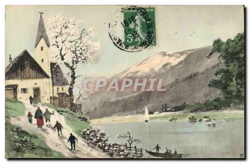 Village lacustre avec église — vue de montagne — éditeur V. K., Vienne, n° 4111 - Frente