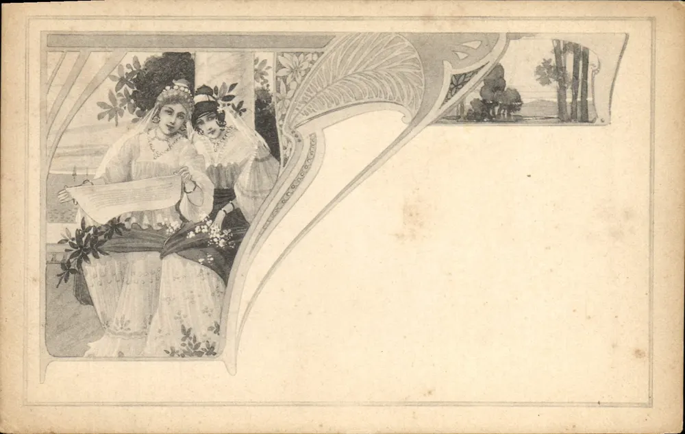 Zwei junge Frauen in Kleidern im Art Nouveau-Stil — Illustration — M. M. Vienne - Vorderseite