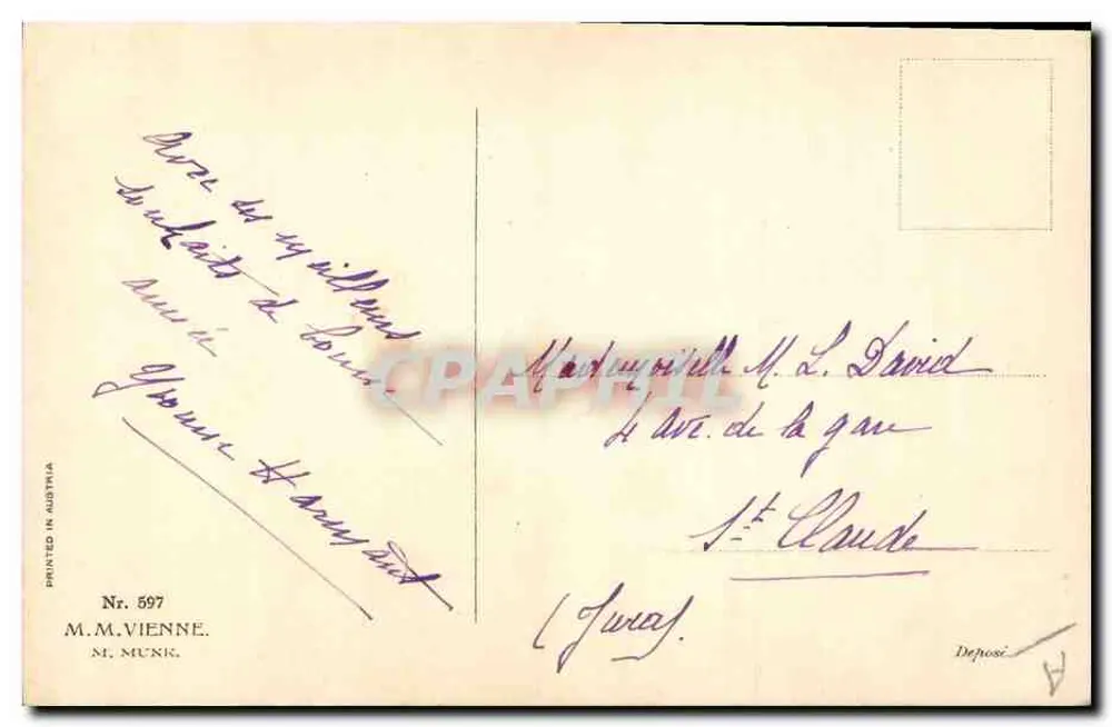 Junge Frau in blauer Robe und Hut — mit Mistel — Verlag M.M. Vienne, Nr. 597 - Rückseite